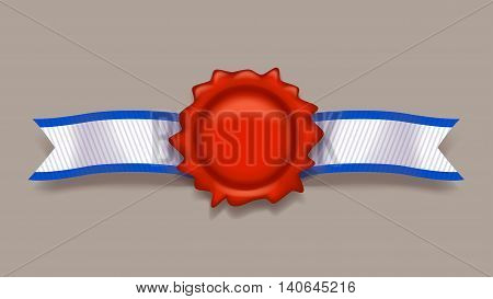 illustration of red round stam with blue and white ribbon with shadow