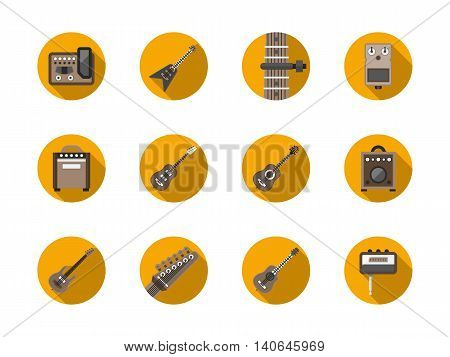 Acoustic, bass and electric guitars samples. Assortment of guitar stuff equipment. Musical instruments theme. Round flat color style vector icons collection.