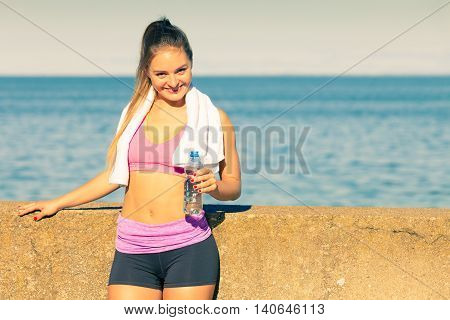 Woman Drinking Water After Sport Gym Outdoor