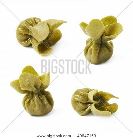 Single sacchettoni stuffed sacchetti pasta isolated over the white background, set of four different foreshortenings