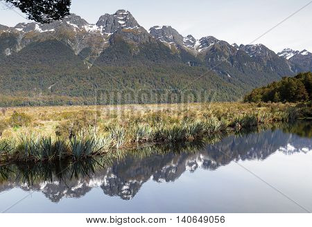 A mirror reflection of mountains captured in landscape.