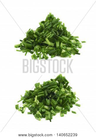 Pile of chopped green onion scallions isolated over the white background, set of two different foreshortenings