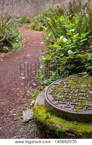 Sewer manhole entry next to walking trail in the woods