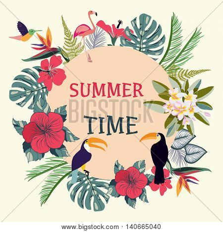 Summer Time Tropical Background With Tropical Plants birds And Flowers