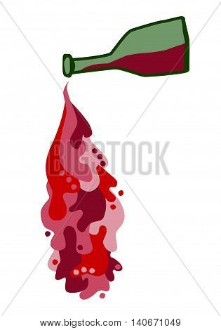 Bottle with spilled wine. Flowing red liquid elements. For bewerage menu alcohol drink ad winery decoration.