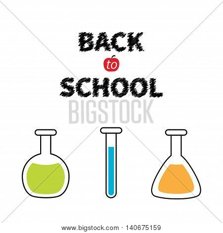 Back to school. Science lab glass set. Laboratory jar. Chemistry flask bulb beaker test-mixer graduate. Greeting card. Education concept. Flat design. Isolated White background. Vector illustration