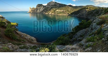 Panorama of Blue bay and mount Karaul-Oba. Mountains in Crimea at the Black sea.