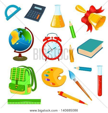Isolated school accessories on a white background. Vector set illustration.School and insitute supplies. Items for school and insitute.Educational and web design concept.