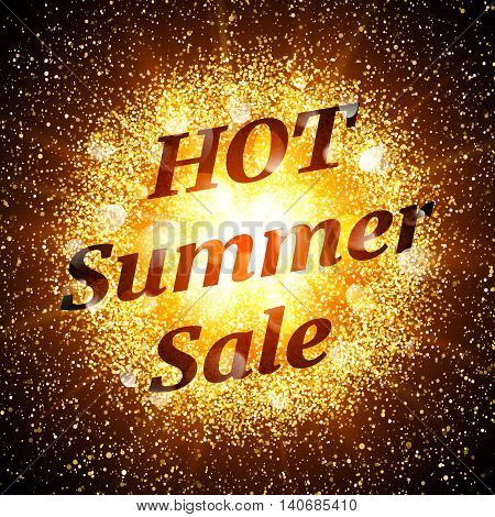 Hot summer sale banner. Abstract explosion with gold glittering elements. Burst of glowing star. Dust firework light effect. Sparkles splash powder background. Vector illustration.