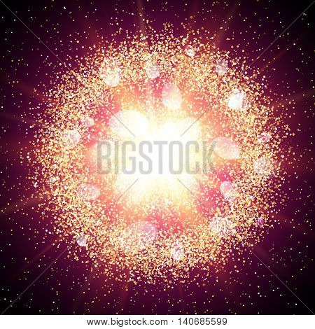 Abstract golden explosion with gold glittering elements. Burst of glowing star. Dust firework light effect with pink glow. Sparkles splash powder background. Vector illustration.