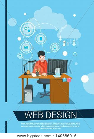 Web Designer Business Man Work Desktop Computer Workplace Flat Vector Illustration