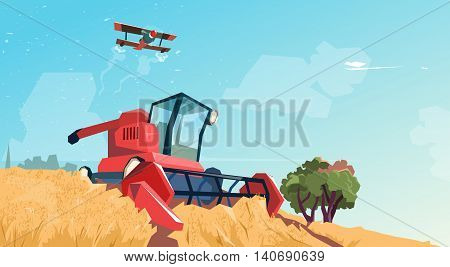 Combine Harvesting Wheat Crop In Field Flat Vector Illustration