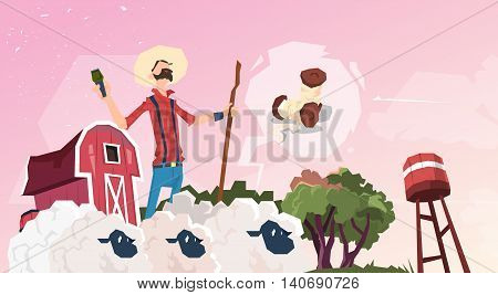 Farmer Breeding Sheep Wool Farm Flat Vector Illustration