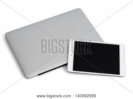 Laptop and tablet on white background isolated