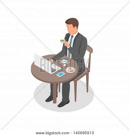 Isometric vector illustration of young businessman having breakfast
