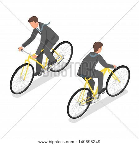 Isometric vector illustration of a young businessman riding a bicycle.
