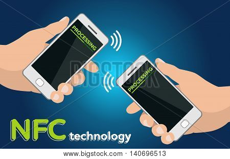 Mobile payment processing concept. Two Hands holding modern phones. Near field communication technology. Money transfer. Two mobile phones with NFC payment technology. Near field commun