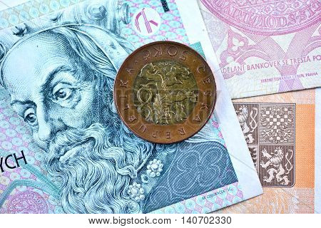 Close up Czech Koruna currency, Czech Republic