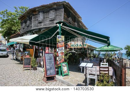 Sozopol, Bulgaria - July 08, 2016: Street cafe in old town.