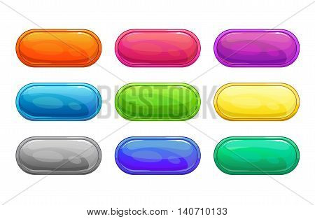 Colorful long horizontal glossy buttons set, vector assets for web or game design, isolated on white