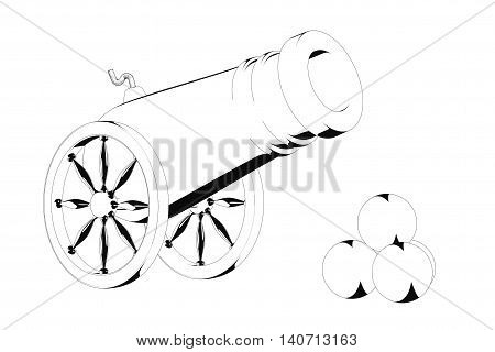 Old Pirate Cannon in Black and White Cartoon Style on a white background. 3d Rendering