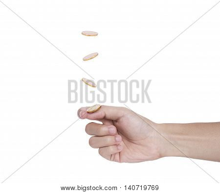 Flip a coin isolated on white background.