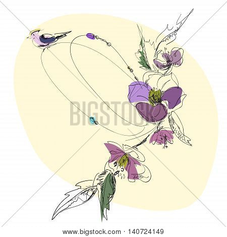 The composition of flowers and birds sitting on a branch plant sketch