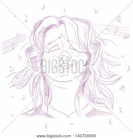 Girl teenager listening to music on headphones wind nazvivaet hair sketch