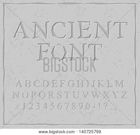 Ancient Font. Carved On Stone Plate Alphabet. Prehistoric Alphabet. Antique Set Of Letters