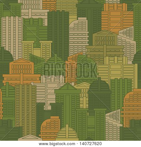 Military Texture Of Buildings. Soldier Urban Green Protective Ornament. City Haki Background. Houses