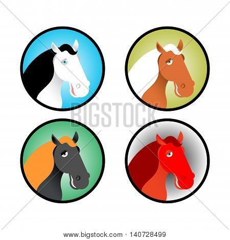 Horse Icons Set. Head Of Animal With Multi-colored Mane. Different Breeds Of Horses