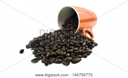 coffee beans in a cup of orange on white background