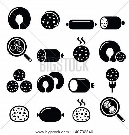 Black pudding sausage, haggis, white pudding icons set