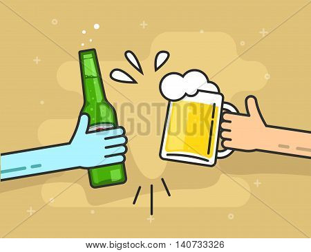 Hands holding beer glass and beer bottle, flat cartoon clinking toasting happy friends, cheering people party celebration in pub, flat outline art line design vector illustration