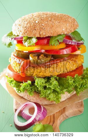 veggie chickpea and sweetcorn burger with pepper jalapeno onion