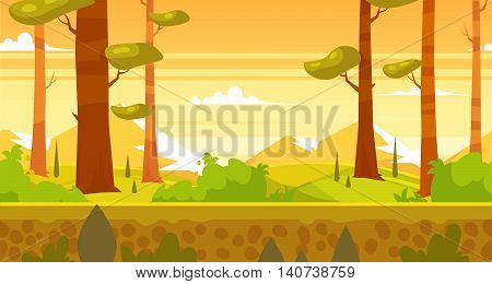 Seamless background for games apps or mobile development. Cartoon nature landscape with forest. Vector illustration for design graphics print or book . Stock illustration.