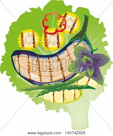 Grilled  vegetables on a lettuce leaf, vector illustration