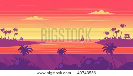 Seamless background for games apps or mobile development. Cartoon nature landscape with sea or ocean and palms. Vector illustration for design graphics print or book . Stock illustration.