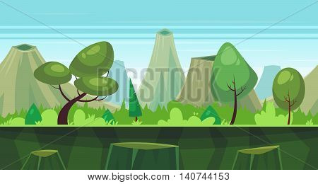 Seamless background for games apps or mobile development. Cartoon nature landscape with forest and mountains. Vector illustration for design graphics print or book . Stock illustration.