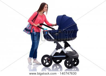 Full length portrait of a mother with a stroller, isolated on white background
