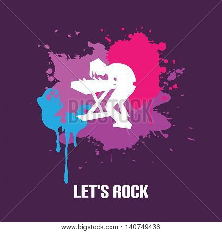 Silhouette of keyboardist playing on synthesizer on bright background vector illustration
