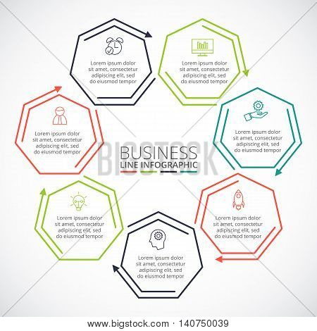 Thin line flat heptagon for infographic. Template for diagram, graph, presentation and chart. Business concept with 7 options, parts, steps or processes. Data visualization.