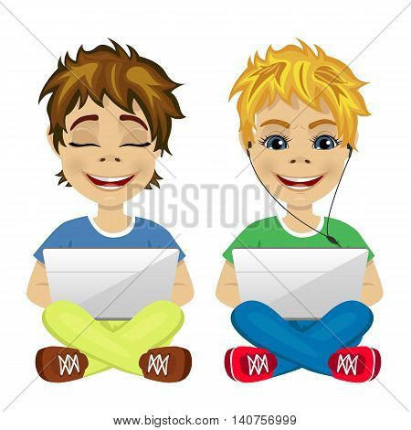 two young gamers sitting on the floor using laptop on white background