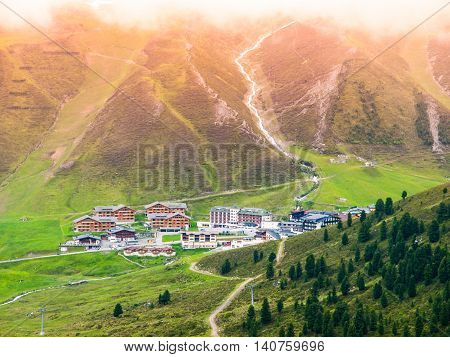 Alpine ski resort Kuthai in summer season after rainy day, Austria
