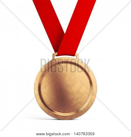 Third place Bronze medal with red ribbon isolated on white background - 3d illustration