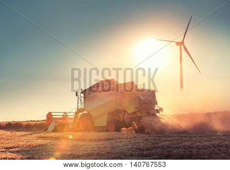 Combine Harvester Agriculture Machine Harvesting Golden Ripe Wheat Field