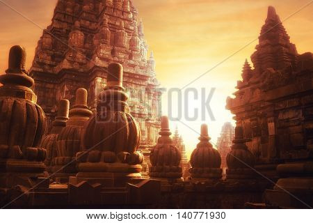 Sunrise At Prambanan Hindu Temple. Java, Indonesia