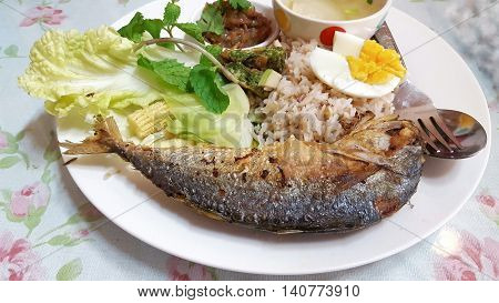 Chili paste with fried mackerel and vegetable Thai food,Thai food, Shrimp paste with fried mackerel and vegetable ,chili paste