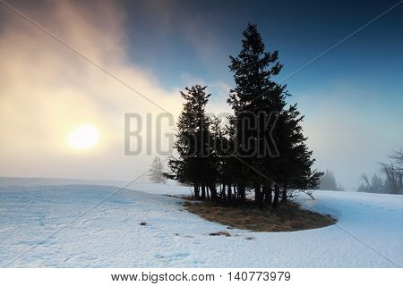 foggy sunrise in winter mountains Feldberg Germany