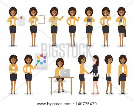 Set of black working people on white background. African businesswoman with gadgets in flat design people characters.
